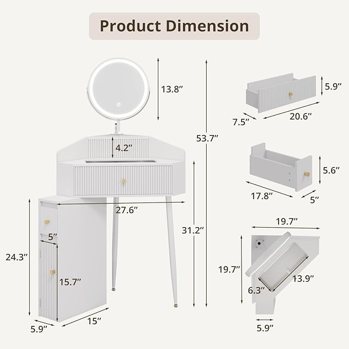 ARTETHYS Corner Vanity Desk with Retractable and Rotating Mirror and Lights Small Modern White Makeup Vanity Set with Glass Top for Women Compact Girls Dressing Table with Drawer for Small Space