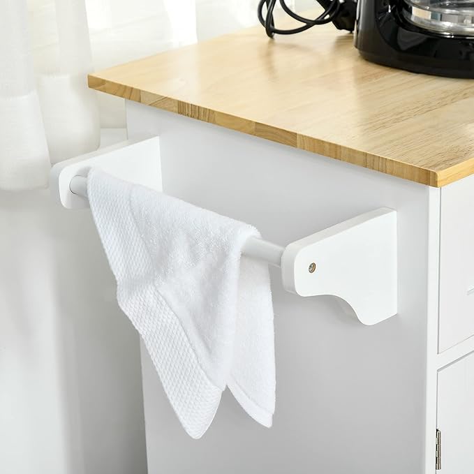 HOMCOM Mobile Kitchen Island with Storage, Kitchen Cart with Wood Top, Storage Drawers, 3-Door Cabinets, Adjustable Shelves and Towel Rack, White