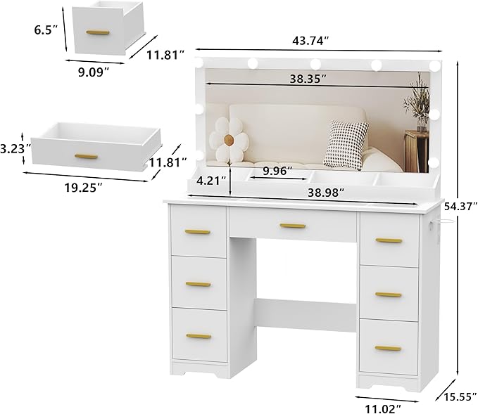 Vanity Desk with 38" Large Mirror and 9 LED Lights, Adults Makeup Vanity with 7 Storage Drawers and Glass Top & Power Outlet and RGB Ambient Lights, Dressing Table for Bedroom, Modern White