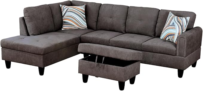 L-Shape 3-Piece Cloud Sofa, Couch for Living Room, Dark Brown Fluffy Fabric L-Shape with Reversible Chaise & Storage Ottoman, Ergonomic 110–115° Recline, Solid-Wood Frame