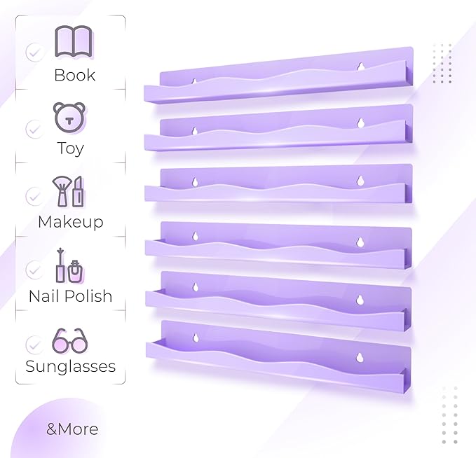 YMVV 6 Pack Nail Polish Wall Mounted Shelf,15 Inch Nail Polish Floating Shelves for 66-90 Bottles Multi-Purpose,Ideal Gift, Great Display for Salons Retailers,Purple