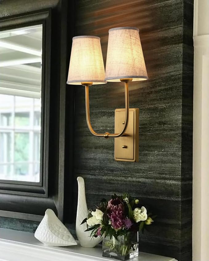 Vintage 2-Lights Wall Sconces with Funnel Linen Fabric Shades, Double Head Bathroom Vanity Lights Fixture, Indoor Wall Lamps for Bedroom Living Room Hallway Stairway