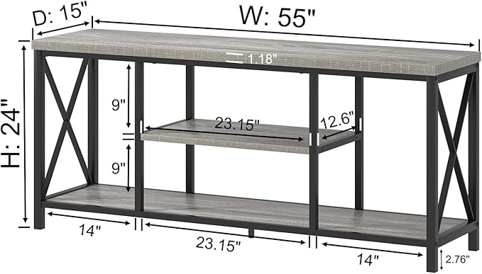 FOLUBAN Modern TV Stand for TV up to 65 Inch, Rustic Wood Entertainment Center with Storage Shelves, Industrial Media TV Console for Living Room, Farmhouse TV Table for Bedroom, 55 Inch Light Grey