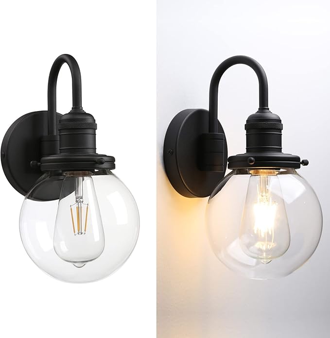 Industrial Vintage Gooseneck Wall Sconce 1-Light with 5.9” Round Clear Glass Globe Shade Indoor Wall Mounted Lamp Fixture