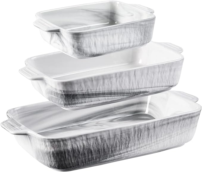 Yundu Grey Ceramic Bakeware Set of 3, Baking Pans Set, Casserole Dishes for Oven, Rectangular Lasagna Pans Deep with Handles for Baking Cake Kitchen(9.5"/12.4"/14.4")