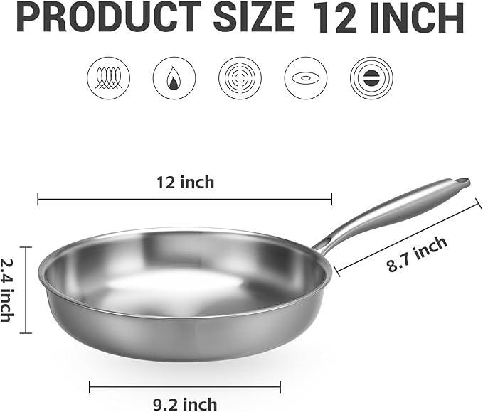 Kirecoo Tri-Ply Stainless Steel Pan - 12 Inch Frying Pan, Fast and Even Heat Stainless Steel Skillet, Induction Cookware, Dishwasher and Oven Safe Skillet