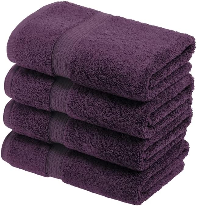 Superior Egyptian Cotton Pile Hand Towel Set of 4, Ultra Soft Luxury Towels, Thick Plush Essentials, Absorbent Heavyweight, Guest Bath, Hotel, Spa, Home Bathroom, Shower Basics, Plum
