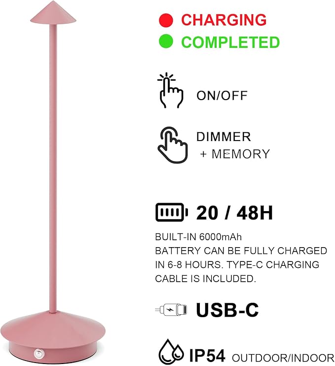 2-Pack 6000mAh Rechargeable Led Table Lamp Cordless,3000K-6000K Stepless Dimming Touch Lamps with Memory Function,IP54 Waterproof Aluminum Table Light for Outdoor/Bars/Restaurant/Patio(Pink)