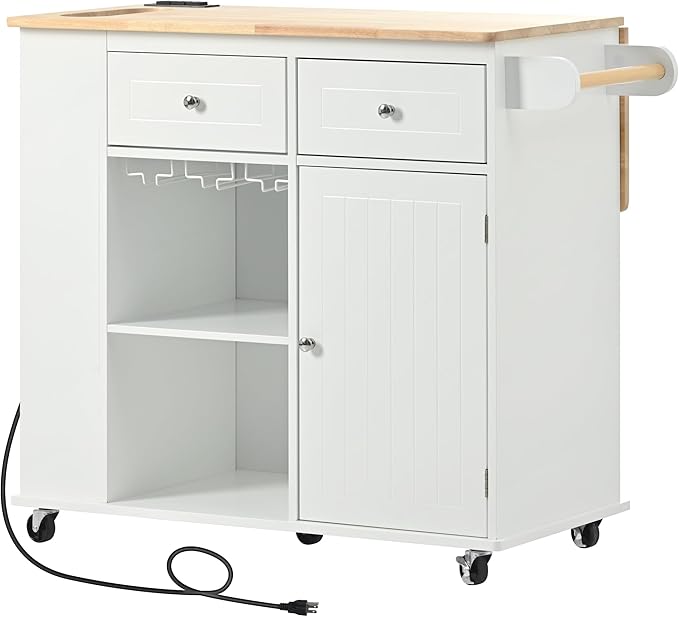 Rolling Mobile Kitchen Island Cart Cabinet with Door, 2 Drawers, Open Storage Shelves and Wine Rack for Dining Room