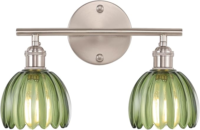Bathroom Light Fixtures, 2-Light Vanity Wall Light Over Mirror with Green Tulip Glass Shade for Bedroom Living Room, Satin Nickel