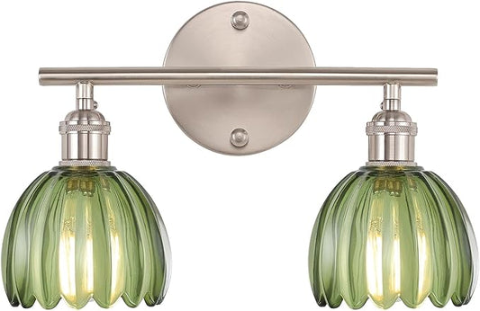 Bathroom Light Fixtures, 2-Light Vanity Wall Light Over Mirror with Green Tulip Glass Shade for Bedroom Living Room, Satin Nickel