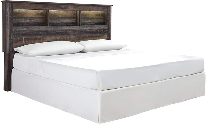 Signature Design by Ashley Drystan Rustic Industrial King/California King Bookcase Headboard with 3 Open Cubbies & Dimming LED Light, Weatherworn Brown