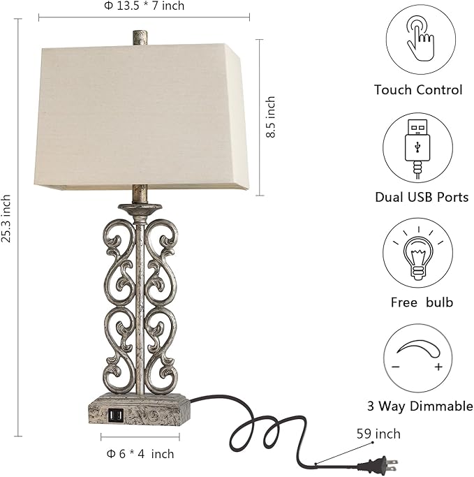 25" Set of 2 Farmhouse Touch Resin Table Lamps with 2 USB Ports, 3-Way Dimmable Rustic Vintage Nightstand Industrial Table Lamp for Bedroom Living Room Dorm, 2 Bulbs Included