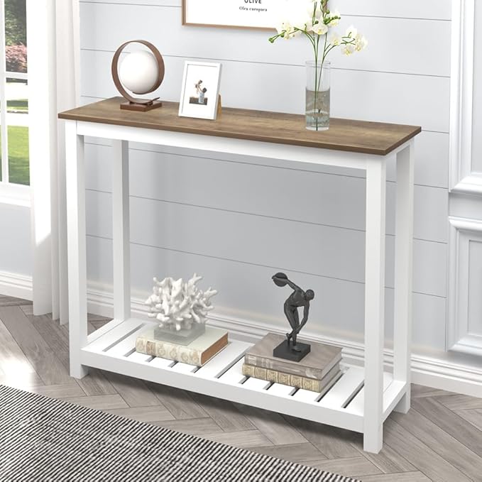 FOLUBAN Farmhouse Sofa Table, Rustic Vintage Console Table for Entryway, Living Room, Hallway, White