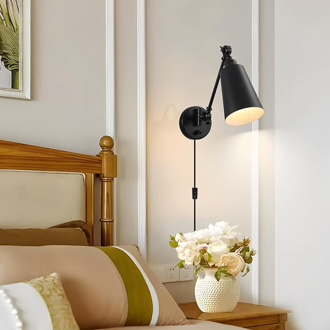Plug in Wall Sconces Set of 2, Black Wall Mounted Lighting, Swing Arm Wall Lamp Plug in Cord Industrial Wall Light Fixtures for Bedside Bedroom Living Room Kitchen Office