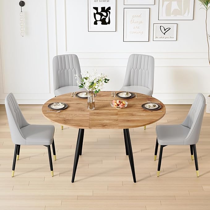 42"-54" Extendable Dining Table Set for 4, Round Dining Table Set for 4, 0.73" Thick Wood Tabletop with Smooth Edge, Black Metal Leg with Non-Slip Footmat, 4 Soft PU Chairs, for Kitchen, Small Space
