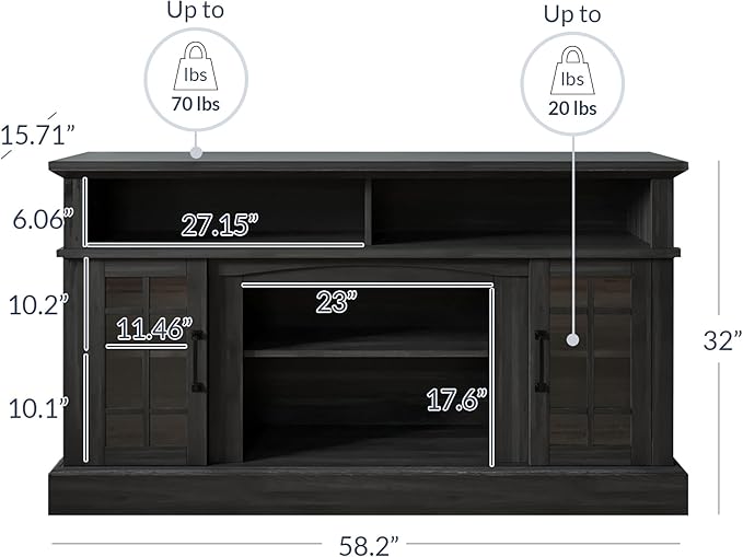 BELLEZE 58 Inch TV Stand, Rustic Wood Entertainment Center for TVs up to 65", Contemporary Media Console Table with Two Open Shelves and Glass Door Cabinets - Astorga (Rustic Grey)