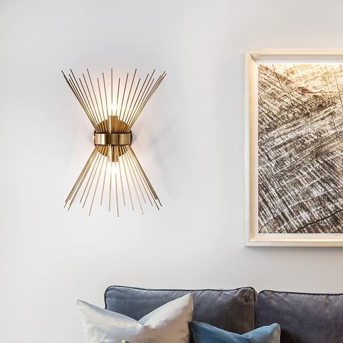 VILUXY Mid-Century Wall Sconces Antique Brass Brush Paint Finish Bedside Wall Sconce Lighting Fixture with Starburst Shade for Bedroom, Hallway, Entryway, Passway, Bathroom, Vanity 2 Pack