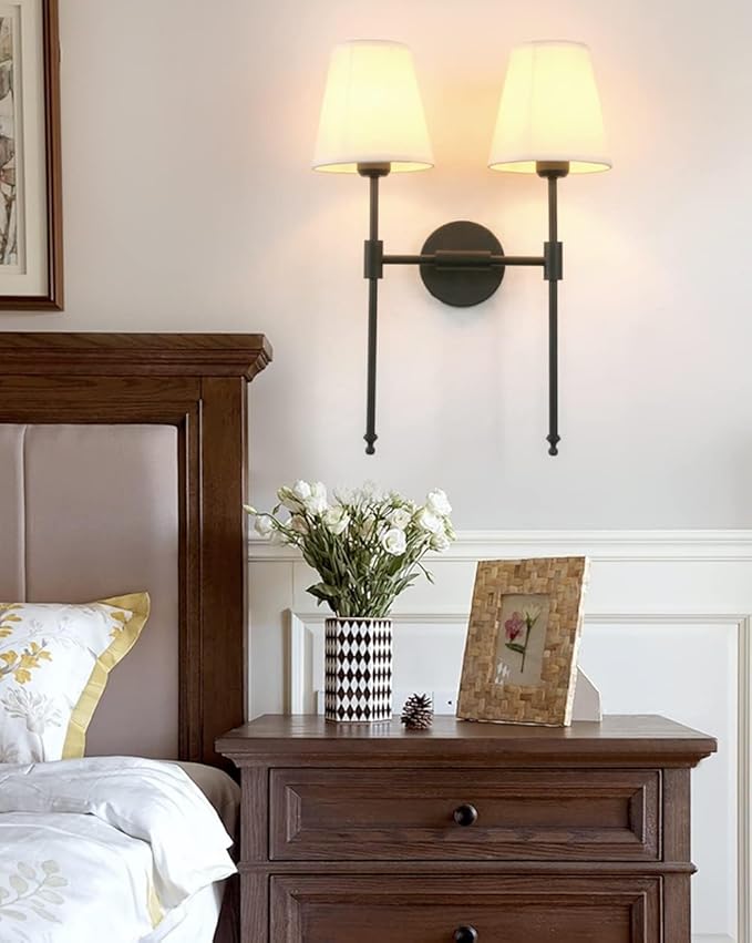 PERMO Classic Rustic Double Sconce 2-Lights Wall Sconce Lighting Fixture with Flared White Textile Lamp Shade and and Black Finished Long Arm,Wall Sconce Light Fixture for Bathroom Bedroom Bedside
