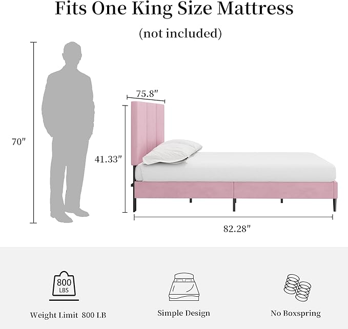 King Bed Frame with Headboard, Vertical Channel Tufted Heavy Duty King Size Bed Frame, No Box Spring Needed, Easy Assembly, Platform Bed Frame with Headboard, Pink