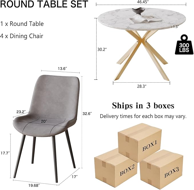 46.4" Round Dining Table Set with 4 Chairs, Modern Dining Set with Comfortable PU Leather Chairs, Sturdy MDF Table with X-Shaped Base, Easy Assembly, Ideal for Dining Room or Kitchen