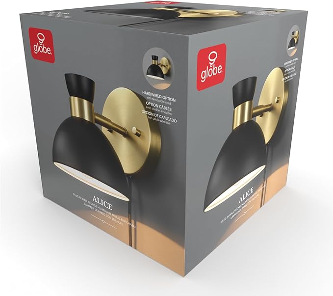 GLOBE Electric 65000100 1-Light Plug-in or Hardwire Wall Sconce, Matte Brass, Black Pivoting Metal Shade, 6ft Black Cord, in-Line Rocker Switch, Wall Lights for Living Room, Hanging Lamp
