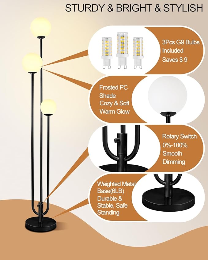 Lightdot 63IN Black Floor Lamp Dimmable with Candle Holder Style Mid Century Standing Lamps with 3 3000K Soft Warm White Bulbs Included, Modern Globe Floor Lamp for Living Room/Wedding