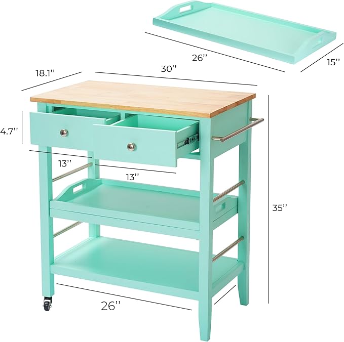 Rolling Kitchen Island Cart, Teal Kitchen Cart with Rubberwood Top, Ample Storage Drawers, Adjustable Shelves, Utility Cart with Wheels for Small Kitchens, 35” Height