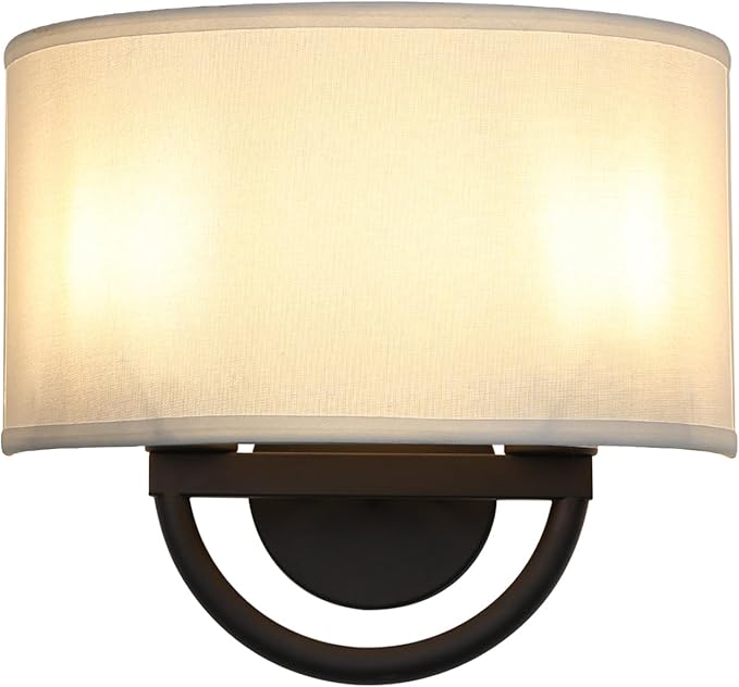 Industrial 2-Lights Wall Sconce Fixture with White Fabric Shade, Double Arm Wall Light Lamps Decor for Hallway Bedroom Living Room Bathroom Stairway