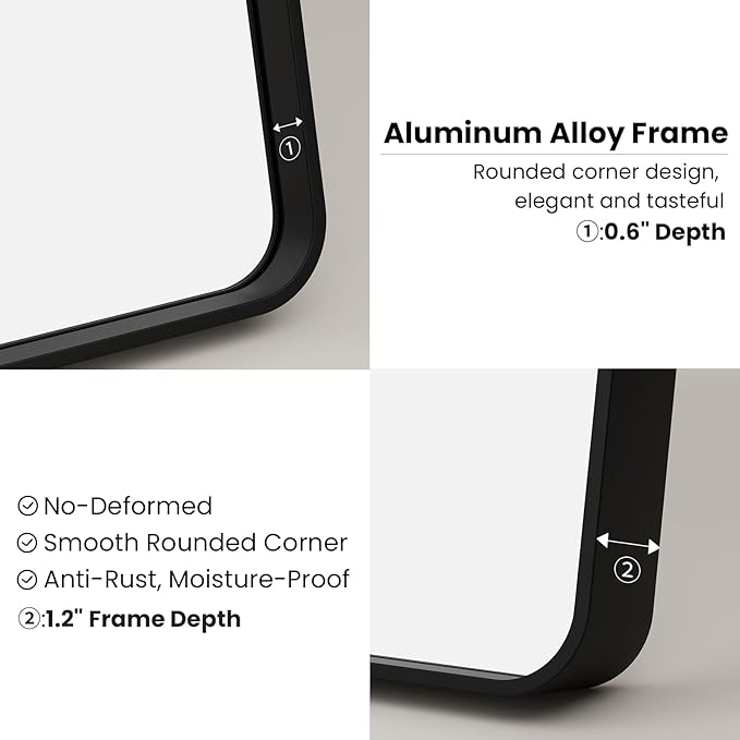 Black Bathroom Mirror 24X36 Inch, Black Metal Framed Mirror for Wall, Rounded Rectangle Matte Bathroom Vanity Mirror with Tempered Glass, Anti-Rust, Horizontal/Vertical