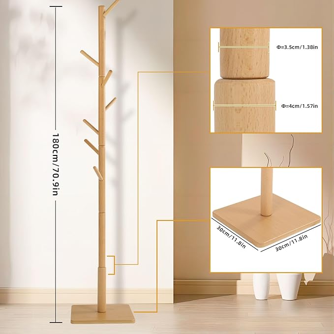 Coat Rack Freestanding with Stable Square Base for Cloathes, Hat, Used in Bedroom, Office and Entryway, Sturdy and Easy Assembly Coat Tree with 3 Adjustable Sizes and 8 Hooks, Natural