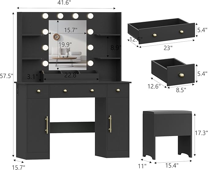 Makeup Vanity Desk with Mirror and Lights, 43" Black Vanity Set with Chair, 3 Drawers, Power Outlet & Adjustable RGB LED Lights, Dressing Table with Storage Shelf for Women & Girls Bedroom