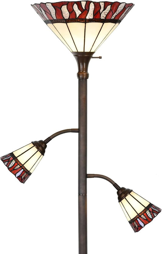 Bieye L10838 Fire Flame Tiffany Style Stained Glass Torchiere Floor Lamp with Sidelights for Reading, 70-inches Tall (Flame, Red)