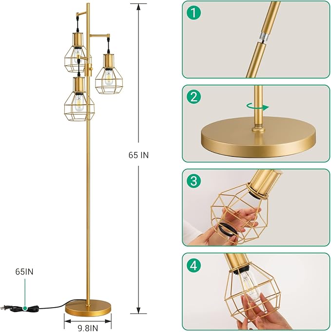 EDISHINE Industrial Dimmable Floor Lamp Gold, Farmhouse Standing Lamp for Living Room with 3 LED Edison Bulbs, Modern Tall Standing Corner Lamp with Metal Diamond Cage for Bedroom, Office