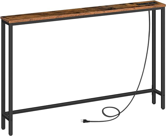 HOOBRO 47.2" Narrow Console Table with Power Outlets, 5.9" Behind Couch Table with Charging Station, Long Sofa Table, Skinny Entryway Table for Living Room, Hallway, Foyer, Rustic Brown BF15XG01G1