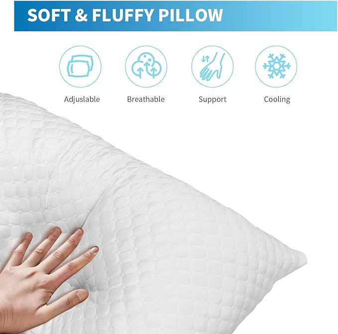 Shredded Memory Foam Pillows, King Size, Cooling Pillows for Side, Back and Stomach Sleepers, Adjustable Firmness, Washable Removable Cover