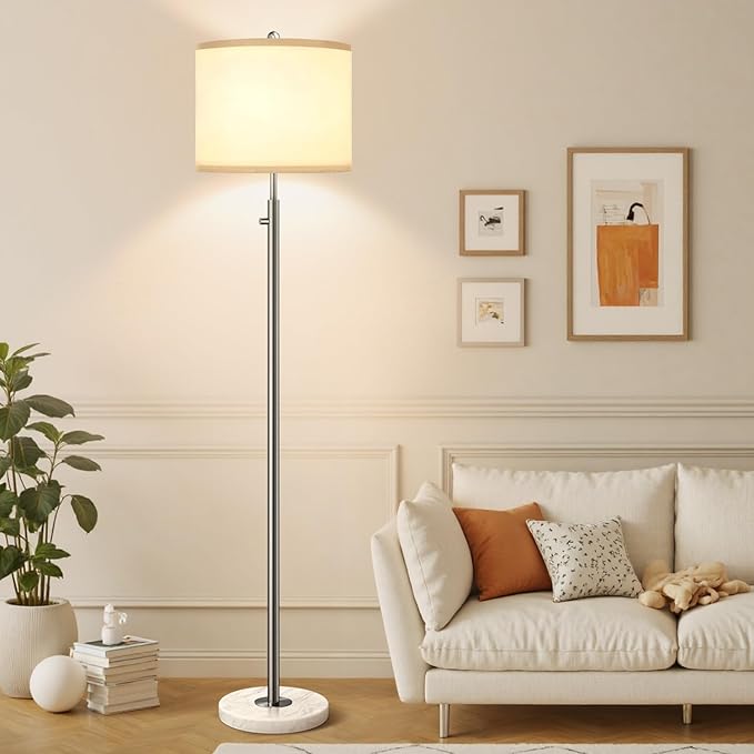 【Upgraded】 Dimmable Floor Lamp for Living Room, 11W LED Bulb Included, Modern Standing Lamp with Marble Base, Tall Pole Light with Linen Shade for Bedroom Reading Office Corner Nursery-Brushed Nickel