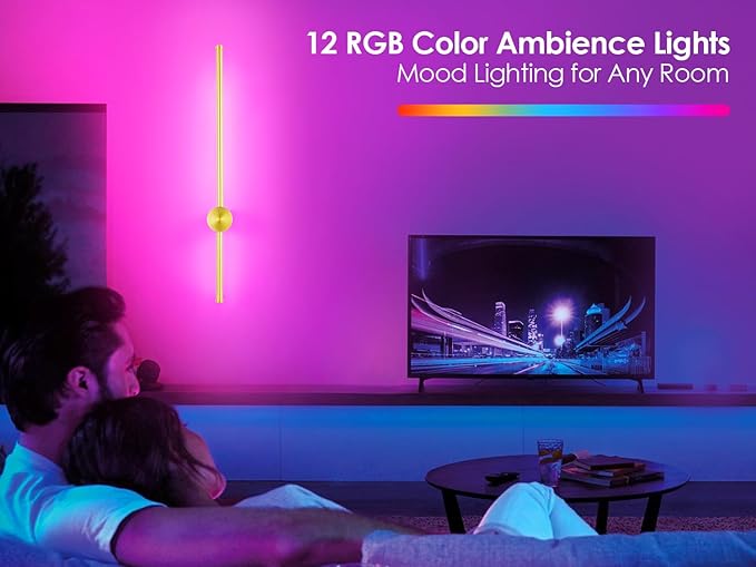 23.6 Inch Battery Operated Wall Sconce, 12000mAh Rechargeable Wall Sconce with Remote Control, Dimmable LED Wireless Wall Light for Bedroom, Living Room, 15 Colors, 180° Rotate, Gold, 1 Pack