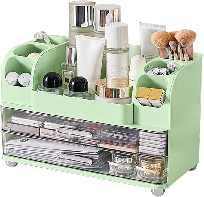 DASITON Large Capacity Makeup Organizer for Vanity with 2 Drawers, Skincare Organizers with Makeup Brush Holder, Cosmetic Display Case for Dresser Vanity Bathroom Countertop (Green)