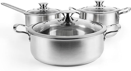 Stainless Steel Pots and Pans Set, 6 Piece Kitchen Induction Cookware Sets with Glass Lids, Works with Induction, Electric and Gas Cooktops, Non Toxic, Oven & Dishwasher Safe
