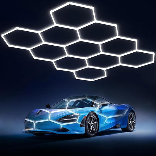 Hexagon Garage Lights: 329W 47Pack 11 Grids Hexagon LED Lights - Easy Install 6500K Super Bright Honeycomb Lights Ceiling for Garage, Warehouse, Car Detailing Shop, Exhibition Hall, Gym