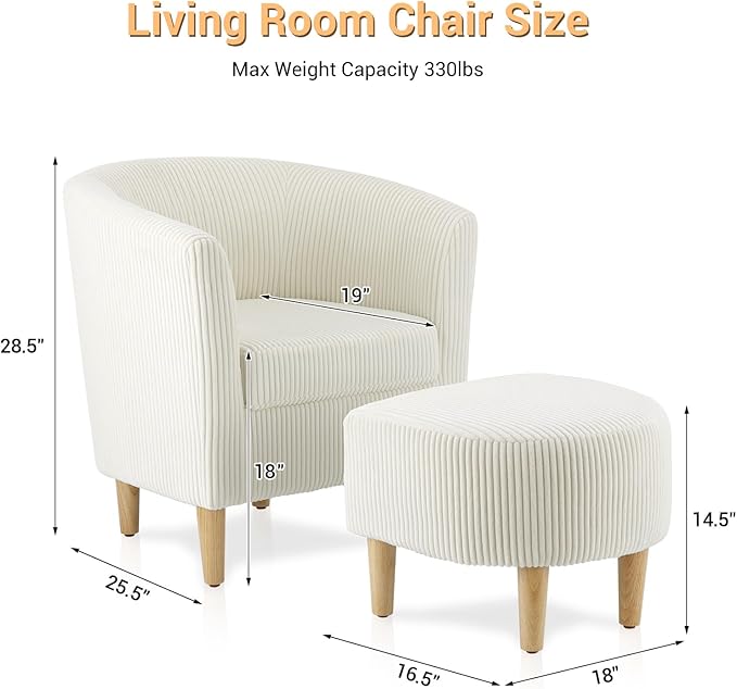 DAZONE Accent Chair, Barrel Chair with Ottoman Comfy Armchair Corduroy Living Room Chairs Mid Century Modern Chair Upholstered Club Tub Sofa Chair for Bedroom Reading Room Ivory