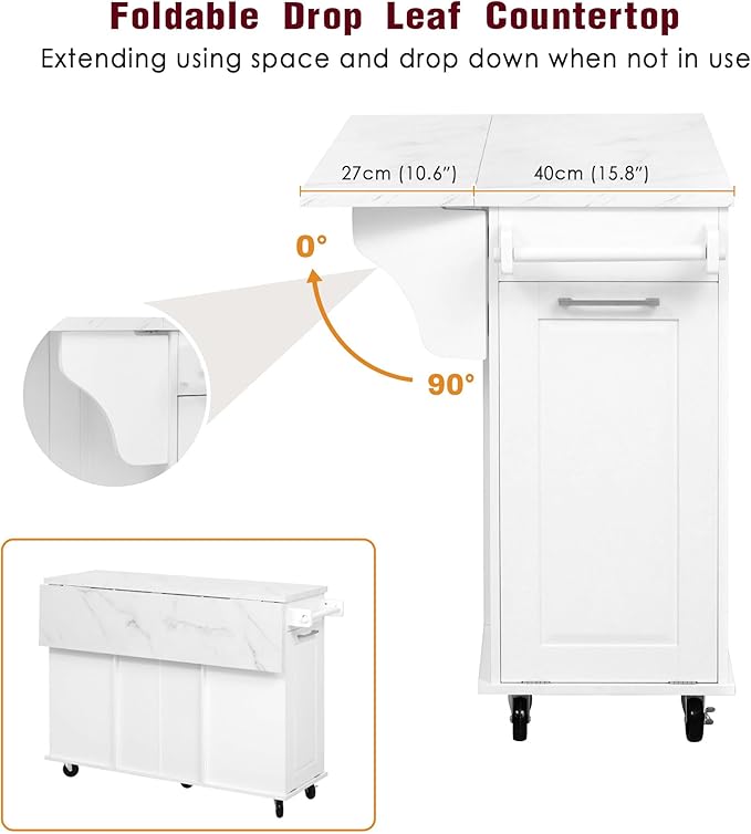 50.7" Mobile Kitchen Island with Storage Tilt Trash Can Cabinet and Pull Out Cabinet Organizer, Movable Rolling Island on 5 Wheels with Drop Leaf, 2 Drawers, 1Door for Kitchen, Dining Room (White)