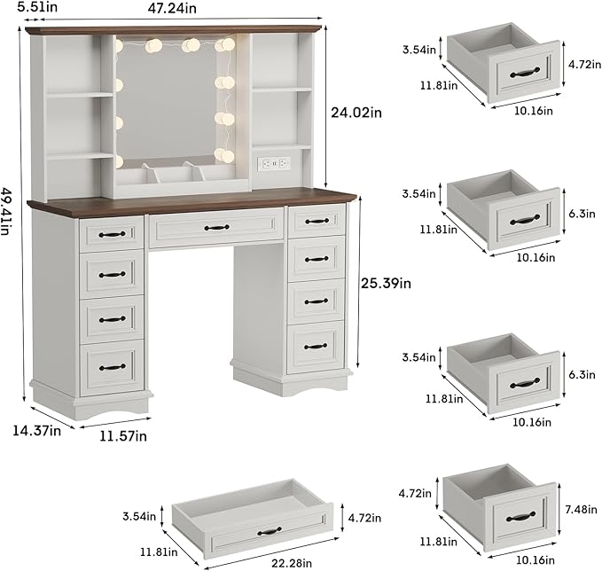 Maupvit Vanity Desk with Mirror and Lights，Large Makeup Table with Storage，White Vanity with Drawers and Shelves，Bedroom Dressing Table