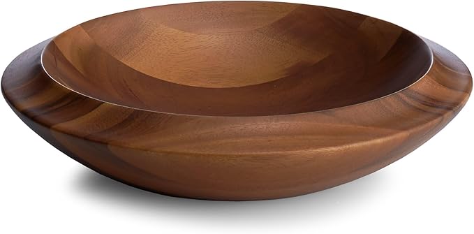 Nambé Skye Wood Centerpiece Bowl 15.5" x 3.5" - Handcrafted Acacia Wood Decorative & Serving Bowl for Dining Table & Living Room Décor, Modern Table Centerpiece with Deep Curves & Rich Grain Design