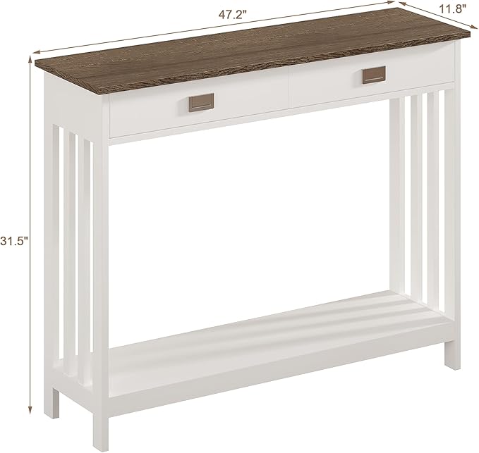 ChooChoo Farmhouse Long Entryway Table with Drawer, Mission Narrow Console Sofa Table with Storage, for Entryway,Living Room and Hallway, 47 Soft White and Brown
