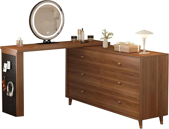 Makeup Vanity Desk with Full Aluminum HD Lighted Mirror, 50-90in Extendable Modern Vanity Table, 6-Drawer Solid Wood FrameStorage Cabinet, Dressing Table for Bedroom (Brown, 6-drawer-47.2)