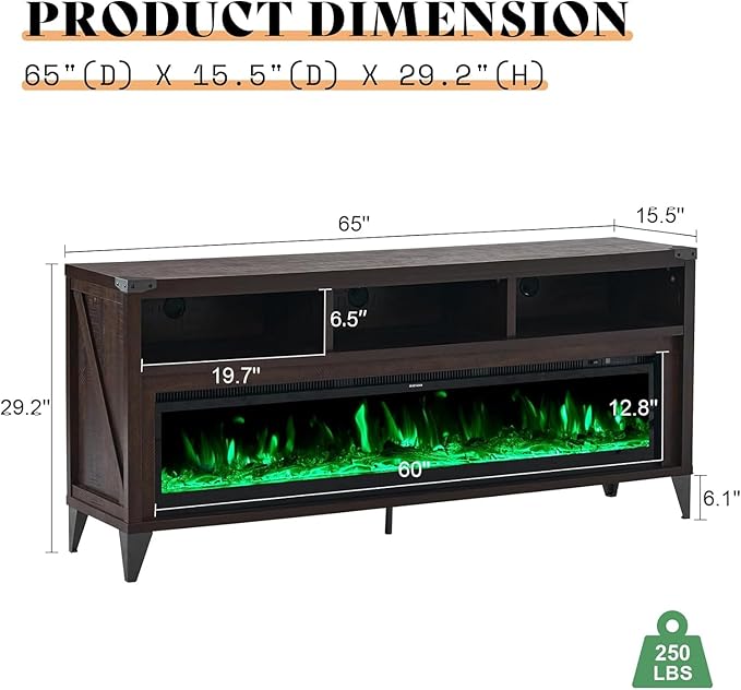 Amerlife 65" Fireplace TV Stand with 60" Glass Electric Fireplace, Industrial & Farmhouse Media Entertainment Center with Open Shelve Storage for TVs Up to 75", TV Console for Living Room, Espresso