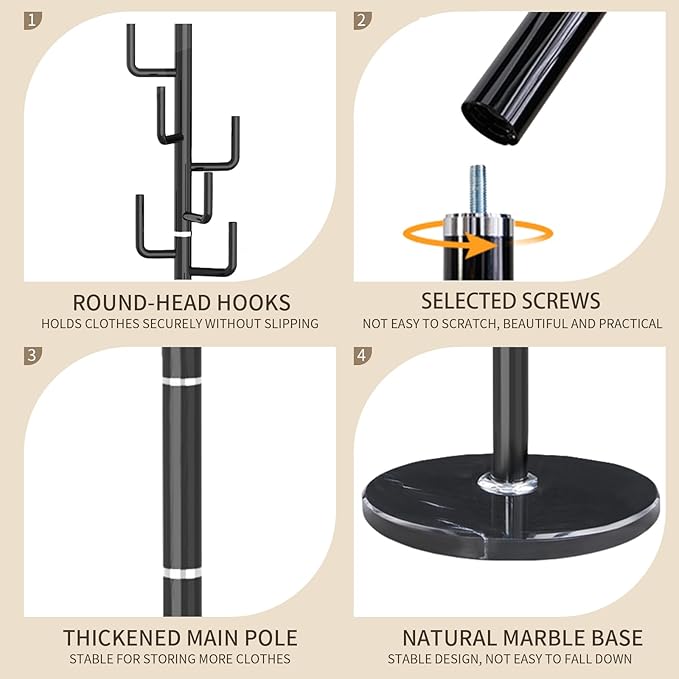 Modern Metal Coat Rack Stand with Natural Marble Base, Heavy Duty Coat Rack Freestanding with 8 Hooks, Black Cactus Standing Coat Racks for Bag, Jacket, Entryway Office (Black Cactus)