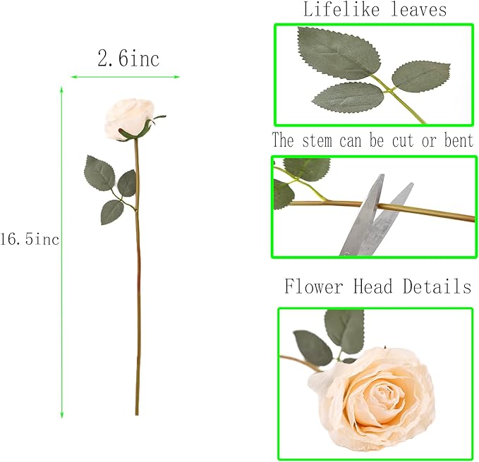 Kimura's Cabin 12pcs Lifelike Faux White Roses Artificial Plastic Silk Rose Long Stem Fake Roses Bouquet for Valentines Day Home Centerpiece Wedding Party DIY Decoration (White)